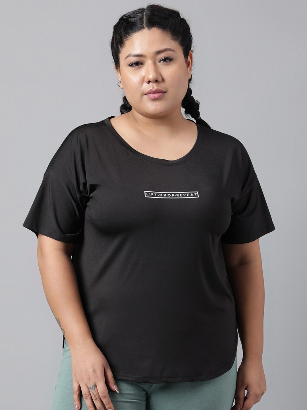 

MKH Plus Size Typography Printed Drop Shoulder Sleeves Relaxed Fit Dri-FIT Sports T-Shirt, Black