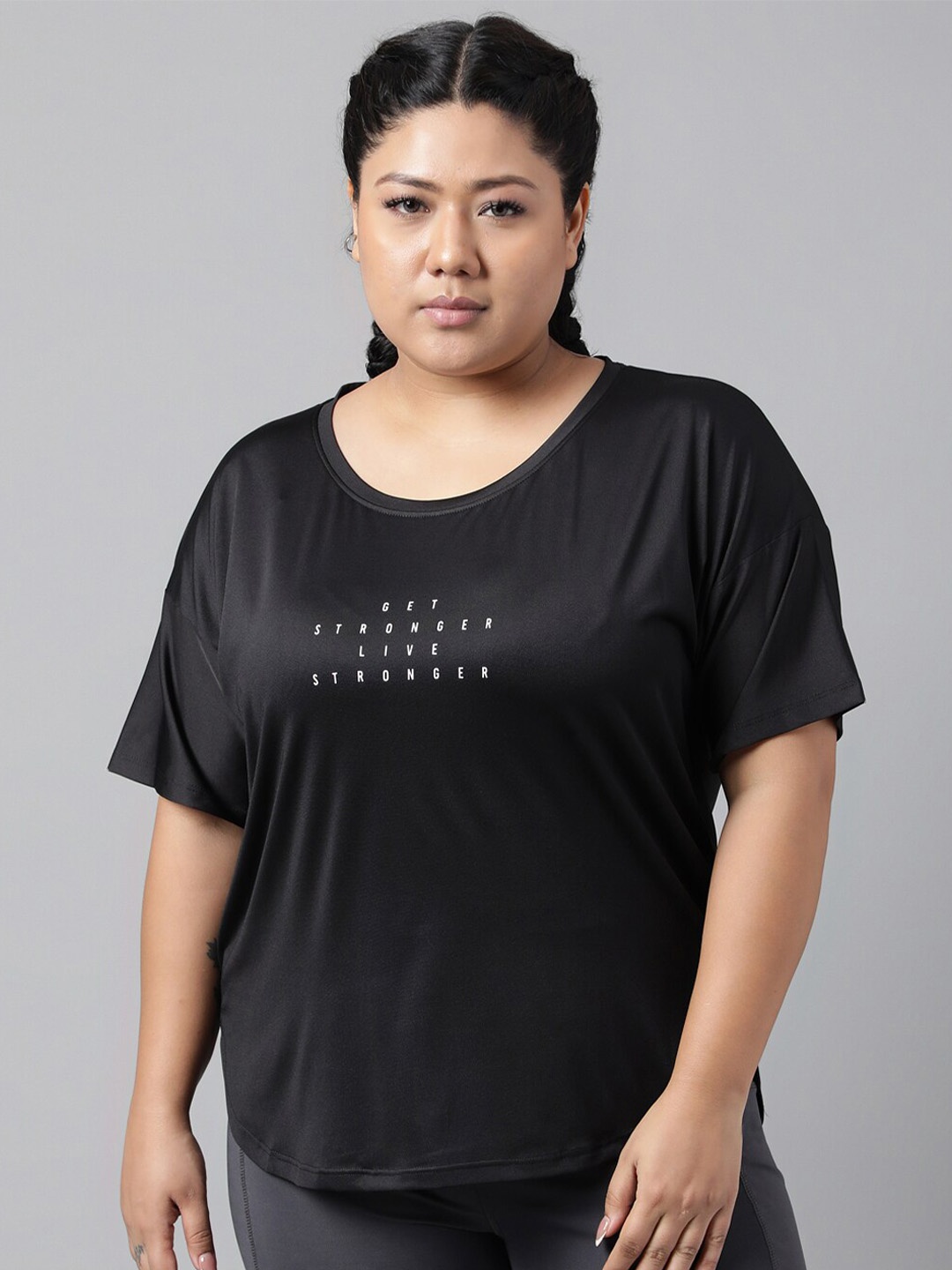 

MKH Plus Size Typography Printed Drop Shoulder Sleeves Dri-FIT Relaxed Fit Sports T-shirt, Black