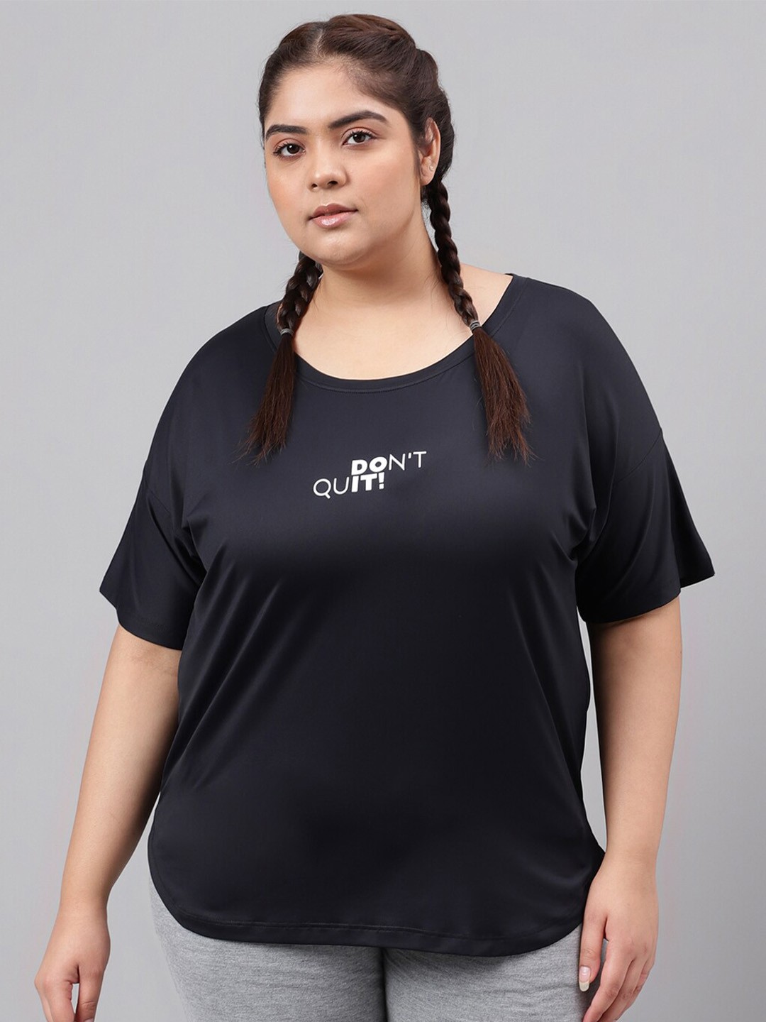 MKH Plus Size Typography Printed Drop-Shoulder Sleeves Relaxed Dri-Fit T-shirt, Black