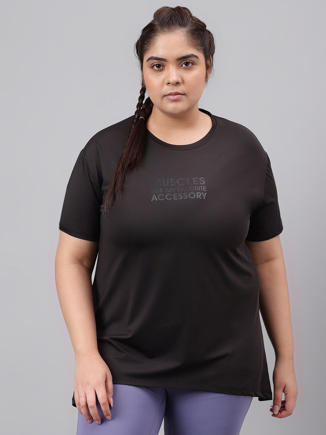 

MKH Plus Size Typography Printed Drop Shoulder Sleeves Dri-FIT Relaxed Fit Sports T-shirt, Black