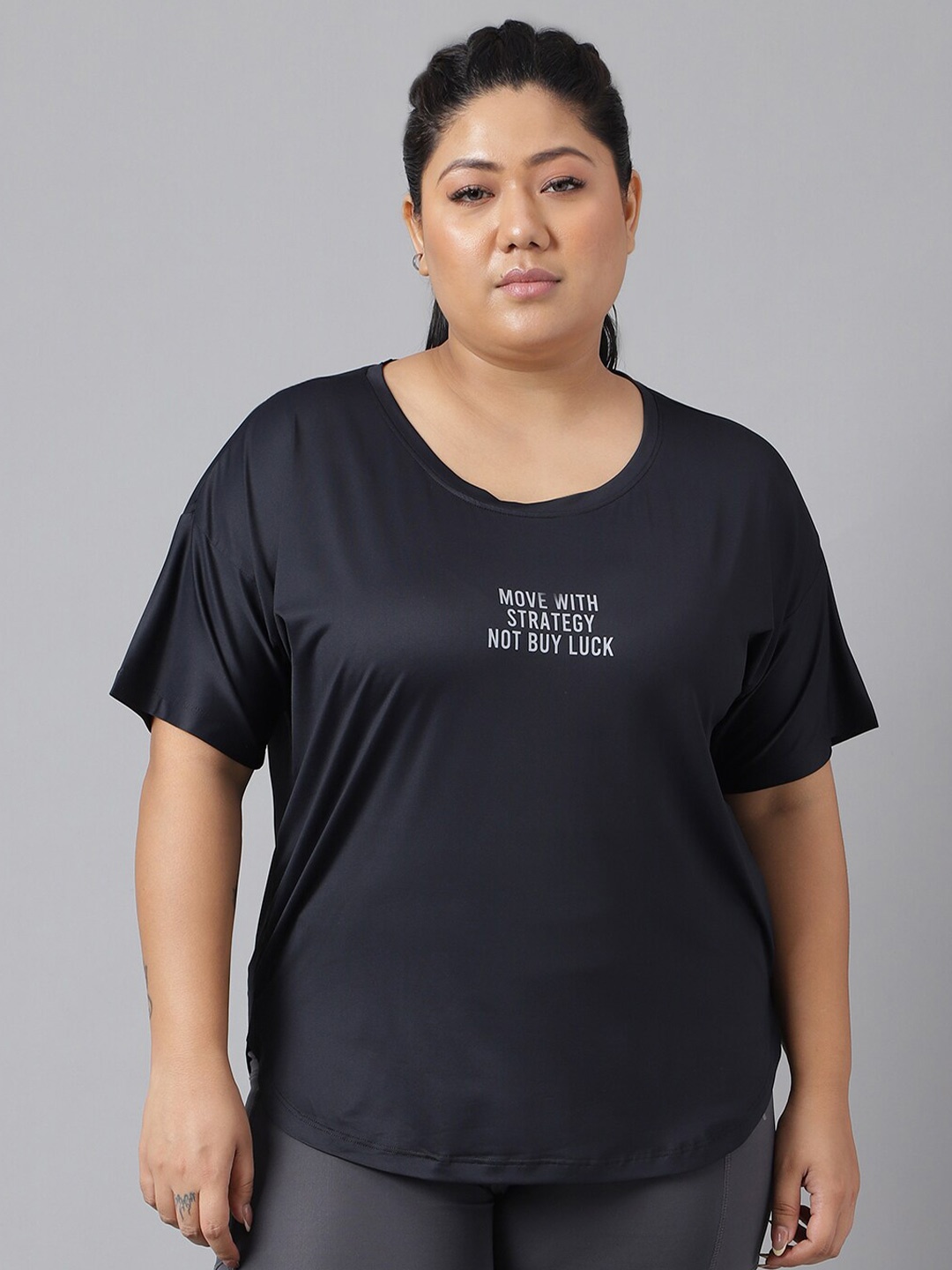 

MKH Women Plus Size Typography Printed Drop shoulder Sleeves Dri-FIT Relaxed Fit T-shirt, Black