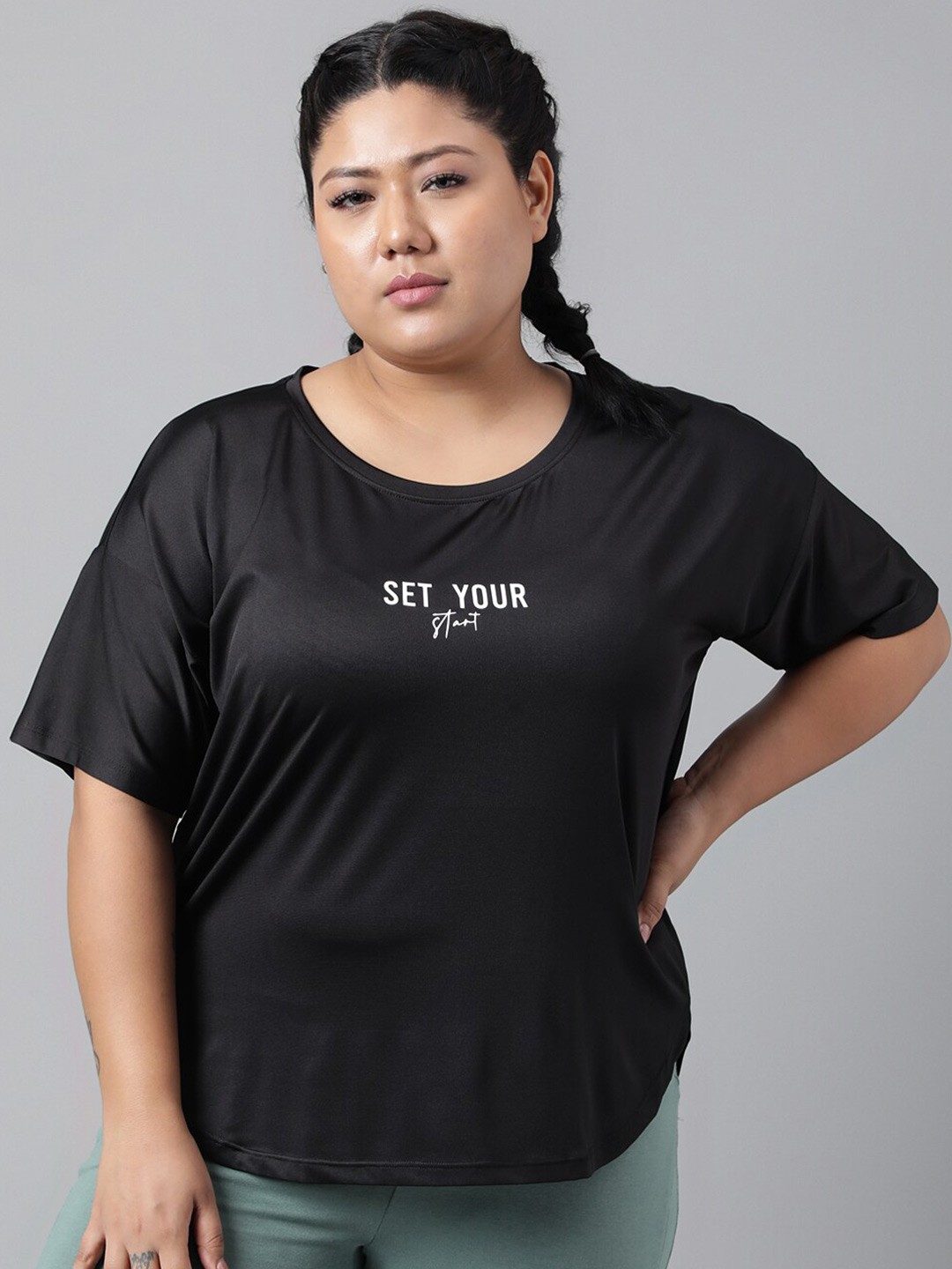 

MKH Typography Printed Plus Size Drop Shoulder Sleeves Relaxed Fit Dri-FIT Sports T-shirt, Black