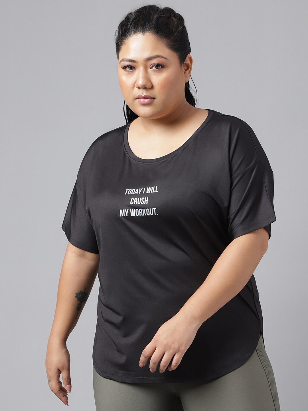 

MKH Plus Size Typography Printed Relaxed Fit Dri-FIT Sports T-shirt, Black
