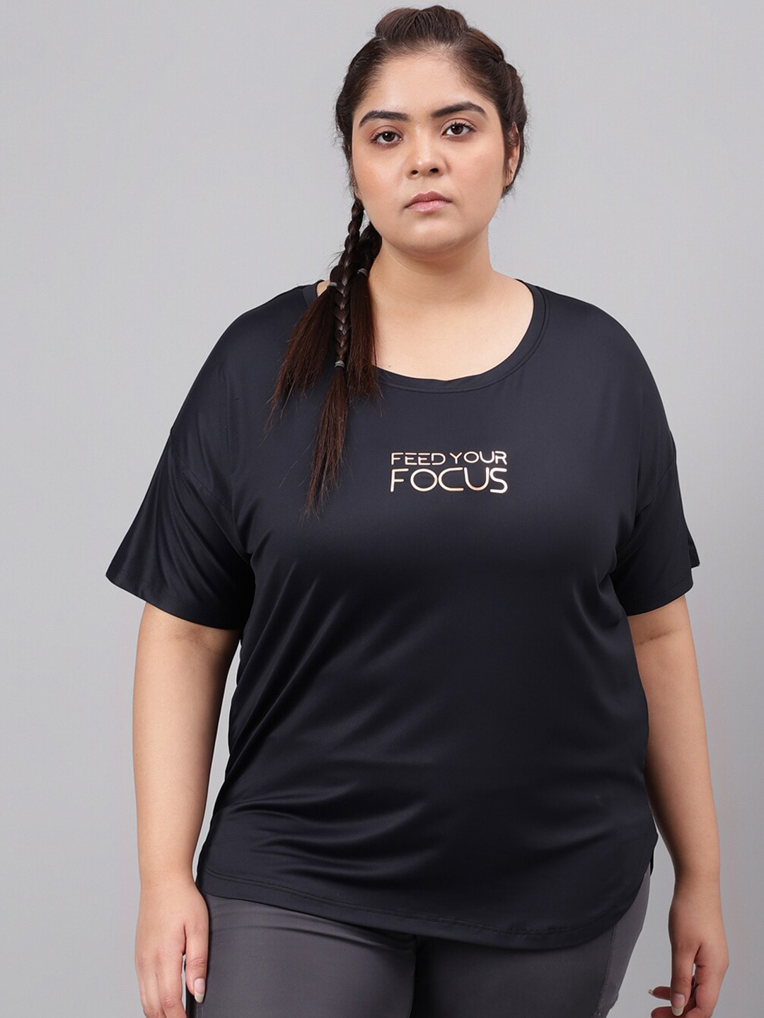 MKH Plus Size Typography Printed Relaxed Fit Dri-FIT T-shirt, Navy blue
