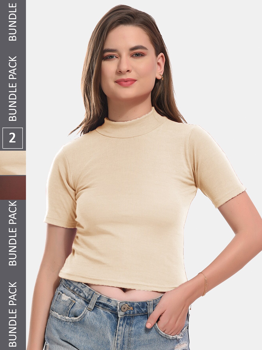 

Boleem Pack Of 2 Ribbed Cotton Fitted Crop Top, Cream