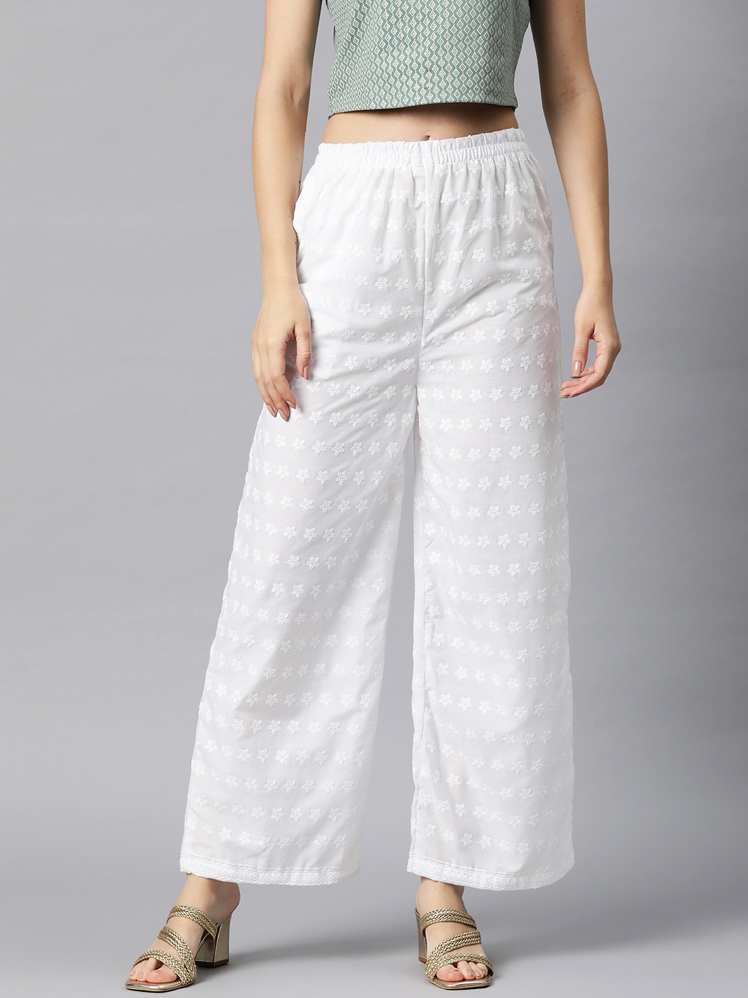 

Readiprint Fashions Women Floral Embroidered Ethnic Palazzos, White