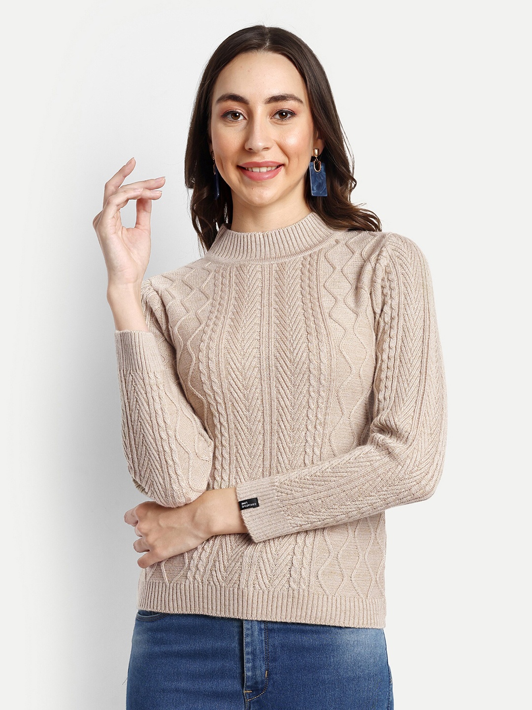 

CREATIVE LINE Self Design High Neck Woollen Top, Beige