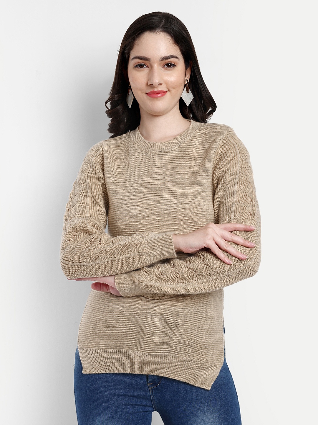 

CREATIVE LINE Self Design Woollen Top, Beige