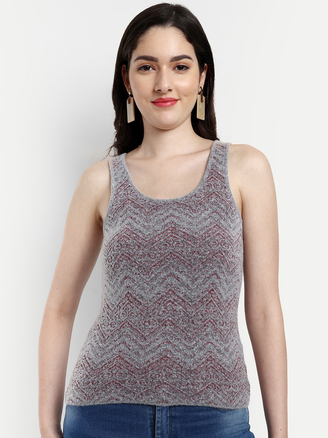 

CREATIVE LINE Self Design Sleeveless Woollen Top, Maroon