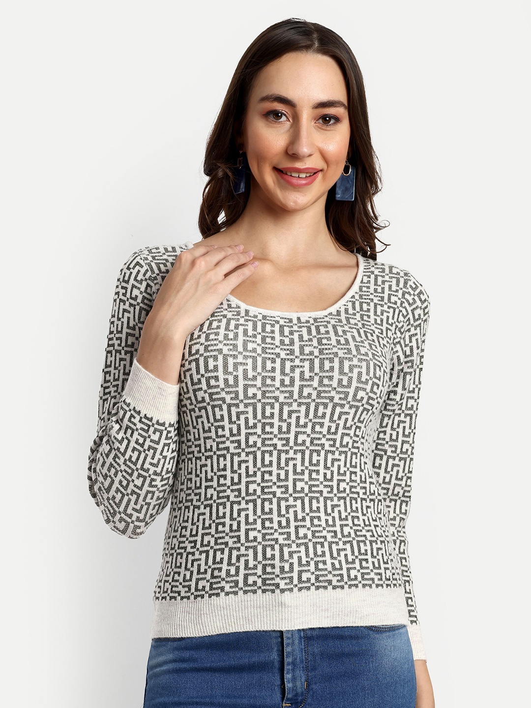 

CREATIVE LINE Self Design Cuffed Sleeves Woollen Top, Olive
