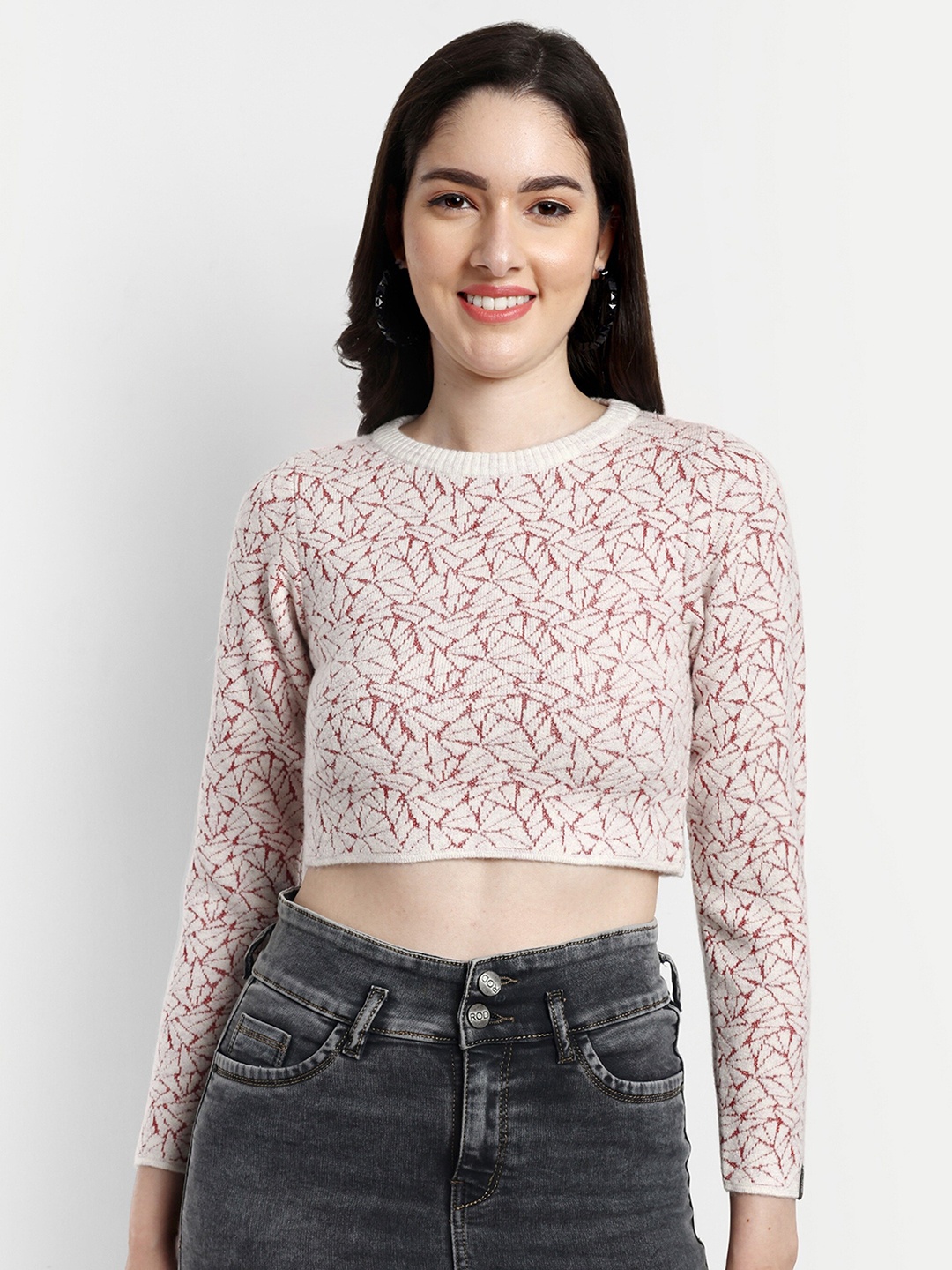 

CREATIVE LINE Self Design Woollen Crop Top, Off white