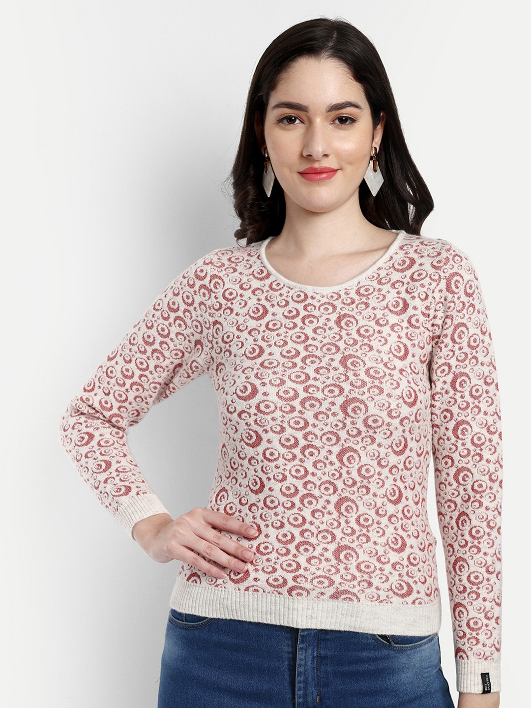 

CREATIVE LINE Conversational Printed Woollen Top, Off white