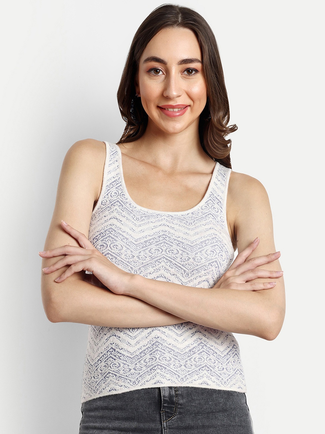 

CREATIVE LINE Self Design Scoop Neck Woollen Top, Blue