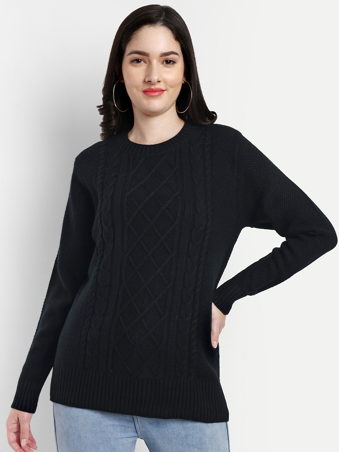 

CREATIVE LINE Self Design Woollen Knitted Top, Black