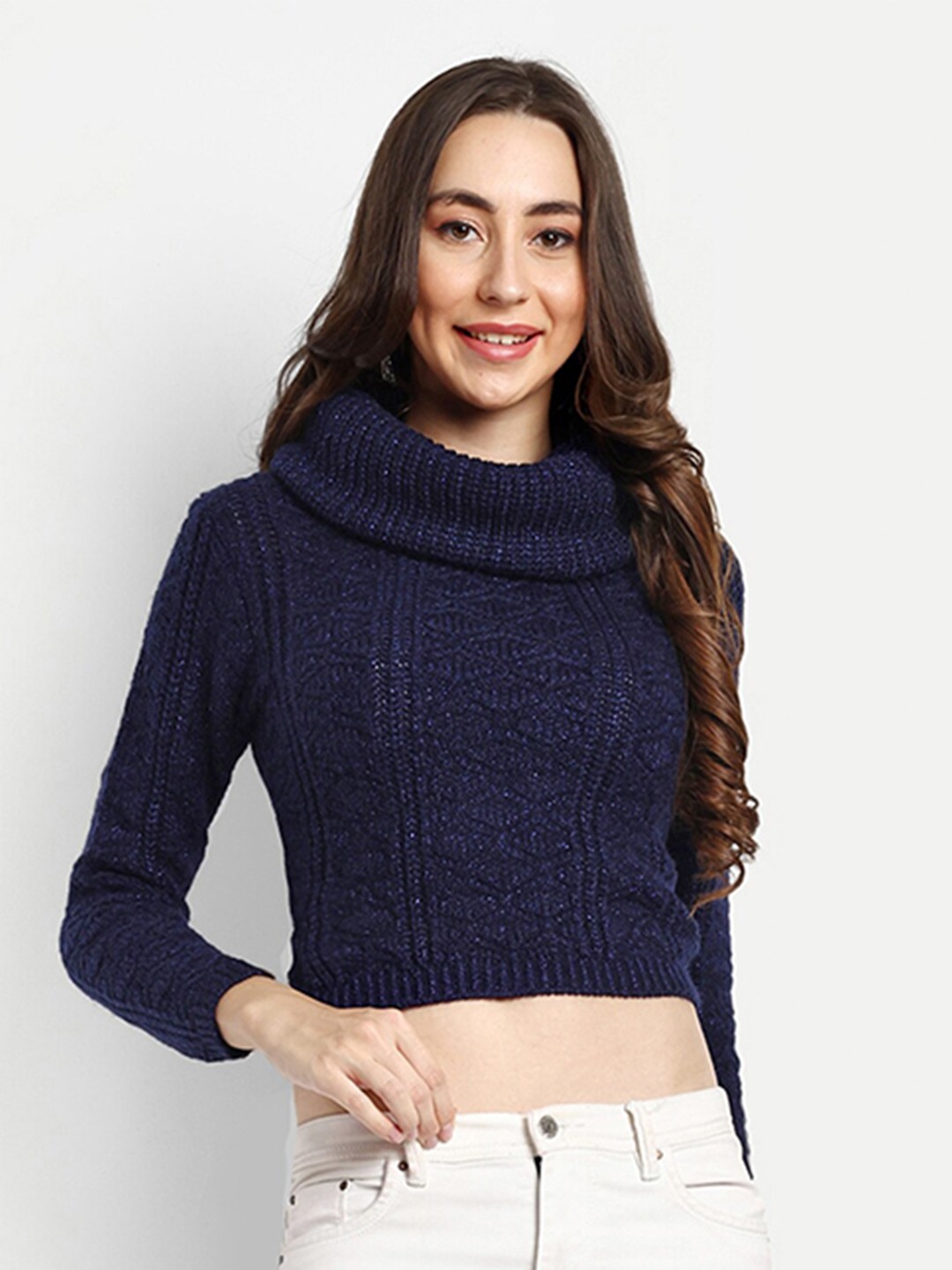 

CREATIVE LINE Self Design Woollen Crop Sweater, Navy blue