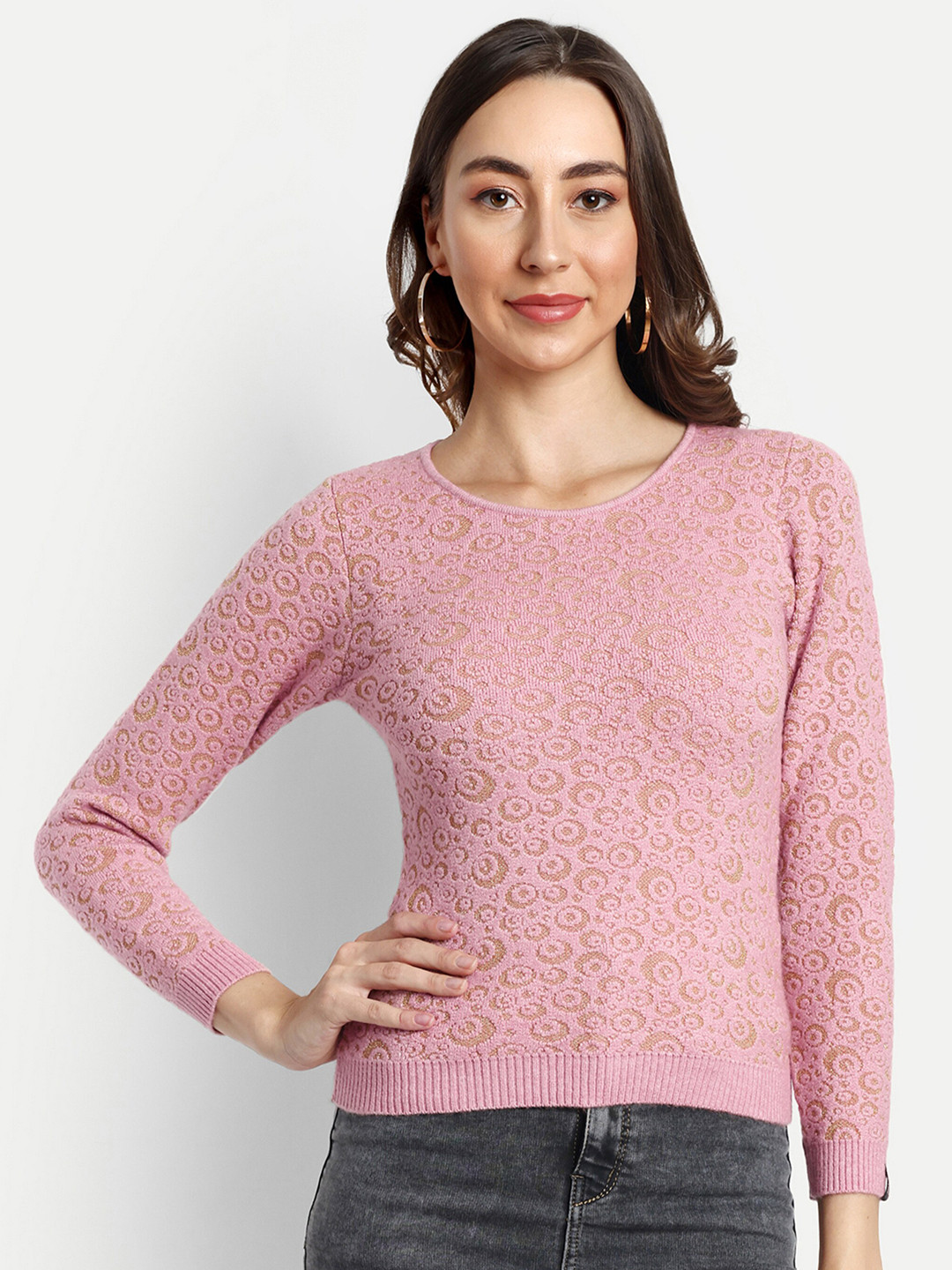 

CREATIVE LINE Self Design Woollen Top, Pink