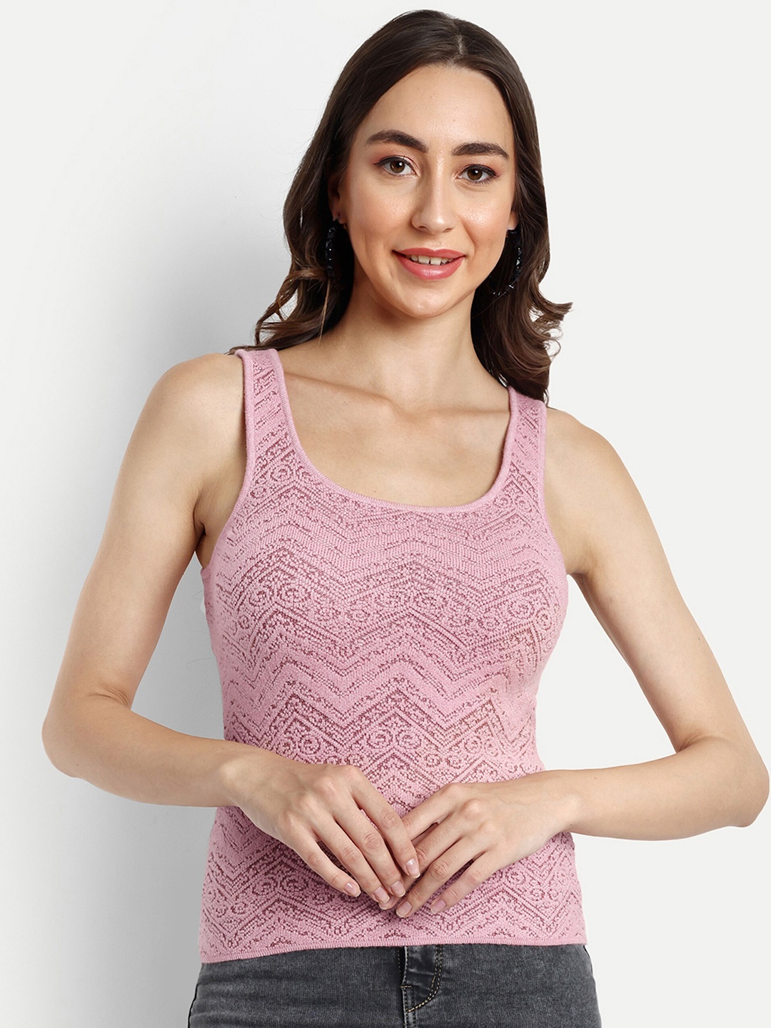 

CREATIVE LINE Self Design Scoop Neck Woollen Tank Top, Pink