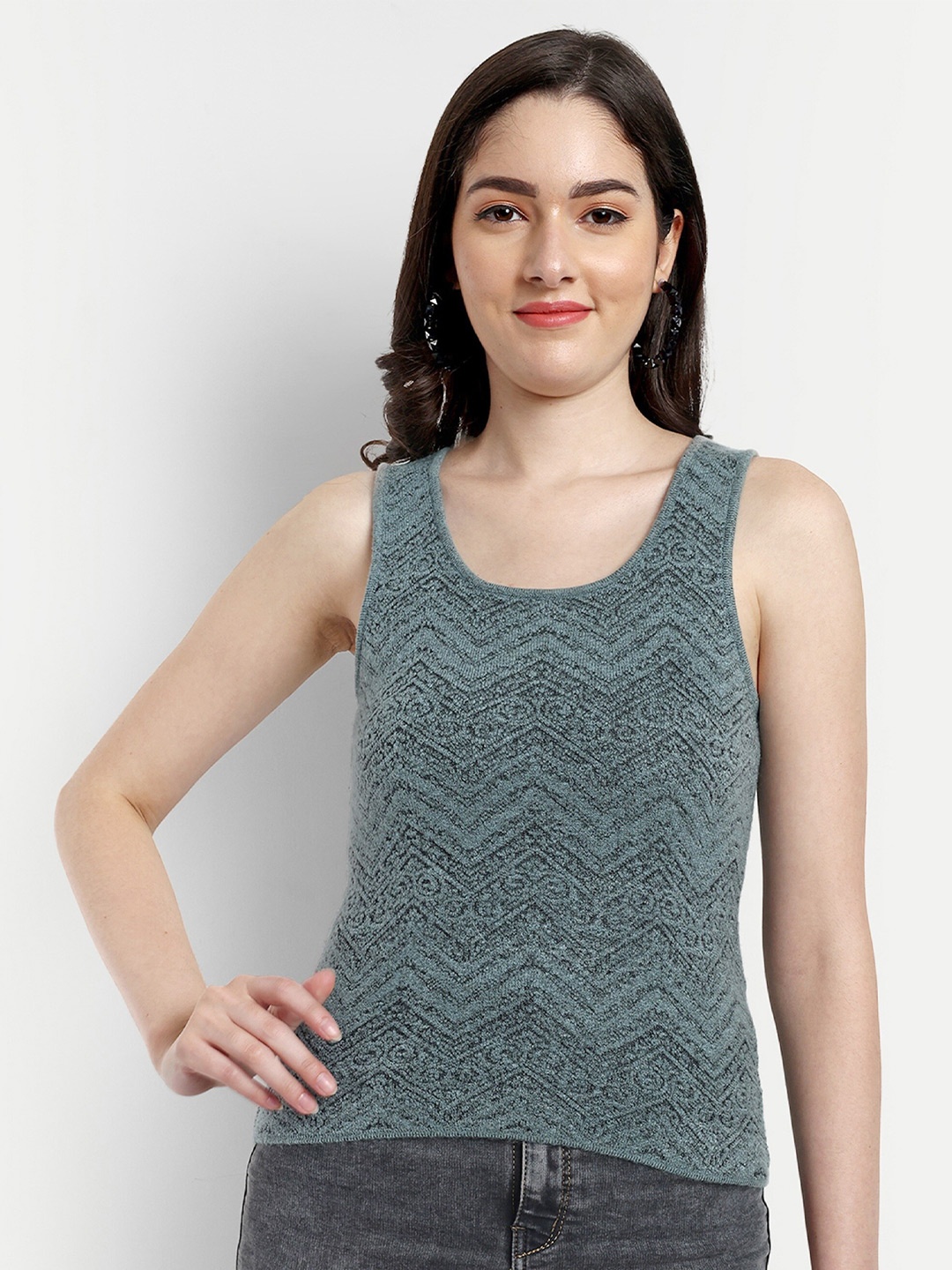 

CREATIVE LINE Self Design Scoop Neck Woollen Top, Green