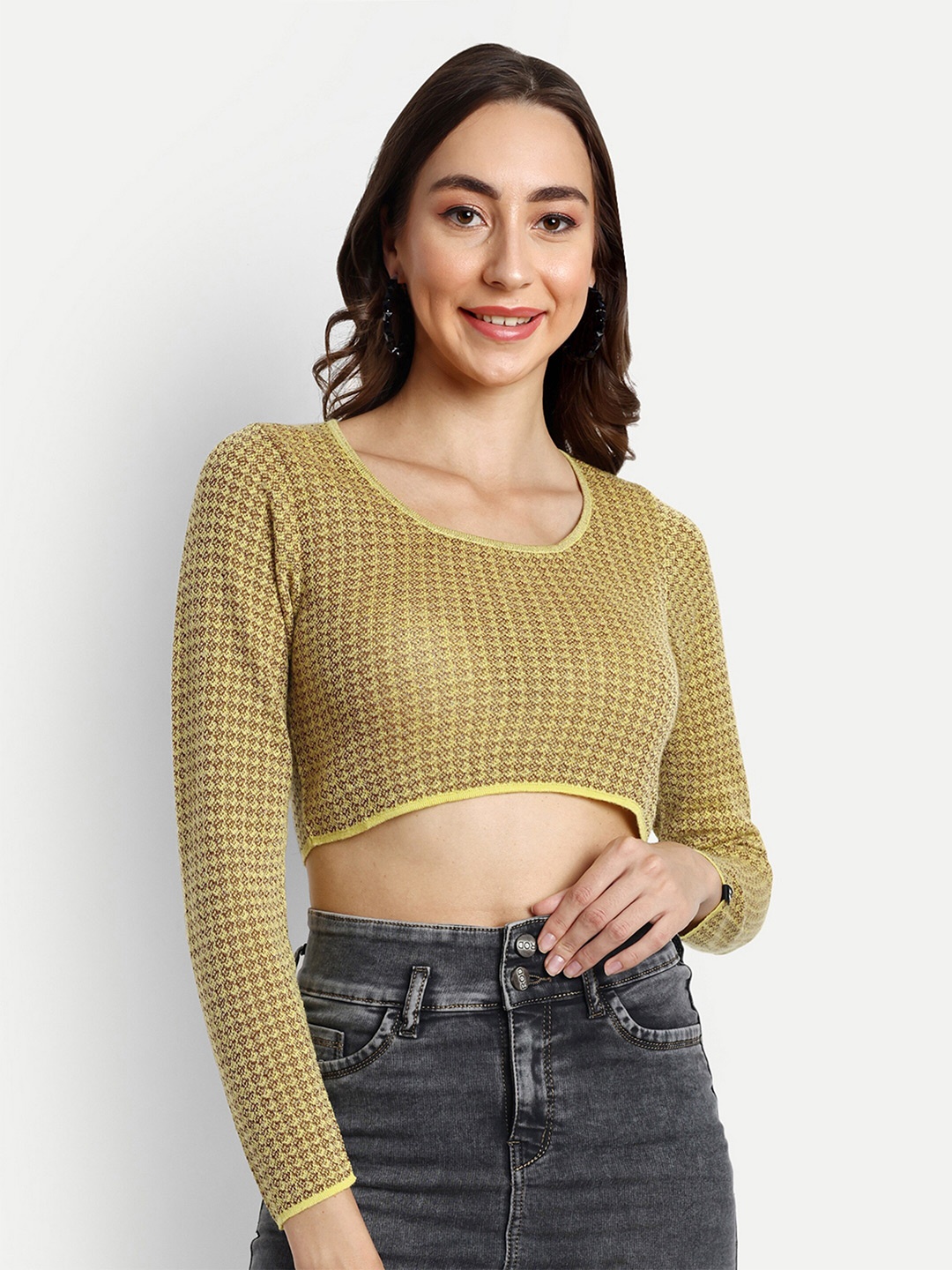 

CREATIVE LINE Self Design Woollen Crop Top, Mustard