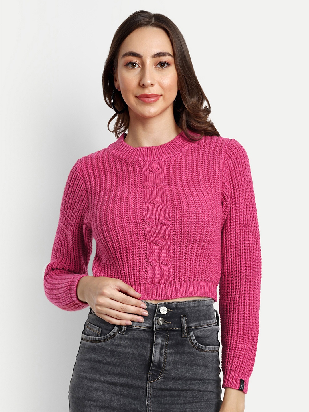 

CREATIVE LINE Self Design Cable Knit Woollen Crop Pullover, Pink