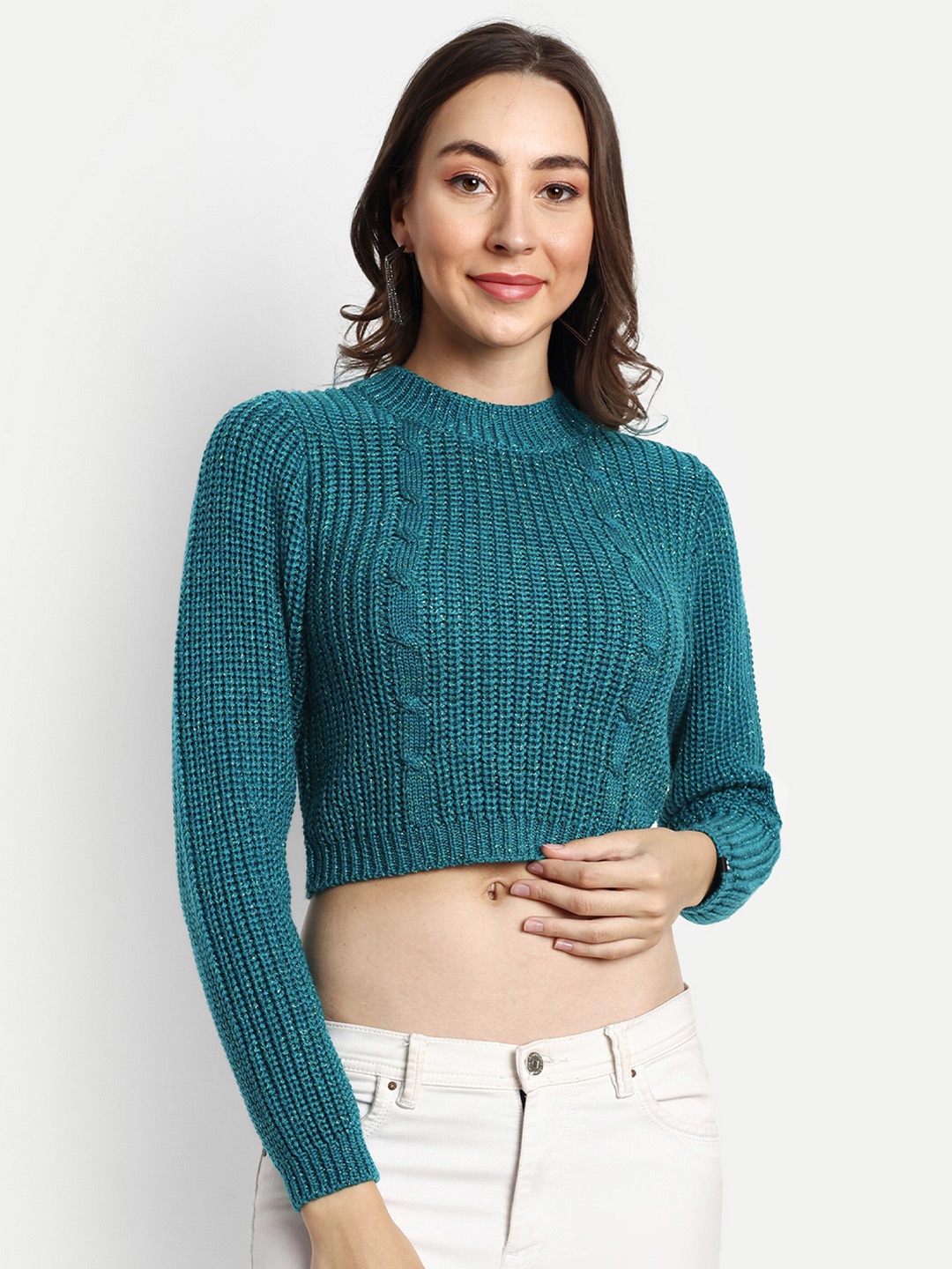 

CREATIVE LINE High Neck Self Design Woollen Crop Top, Teal