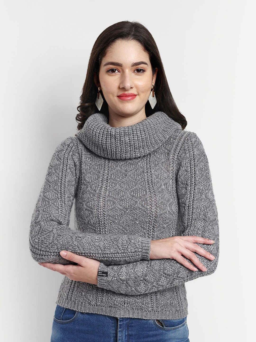 

CREATIVE LINE Turtle Neck Self Design Woollen Pullover, Grey