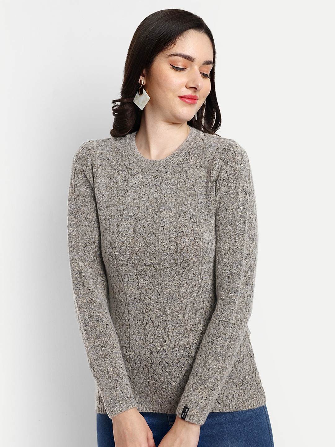 

CREATIVE LINE Self Design Round Neck Long Sleeves Woolen Pullover Sweaters, Grey