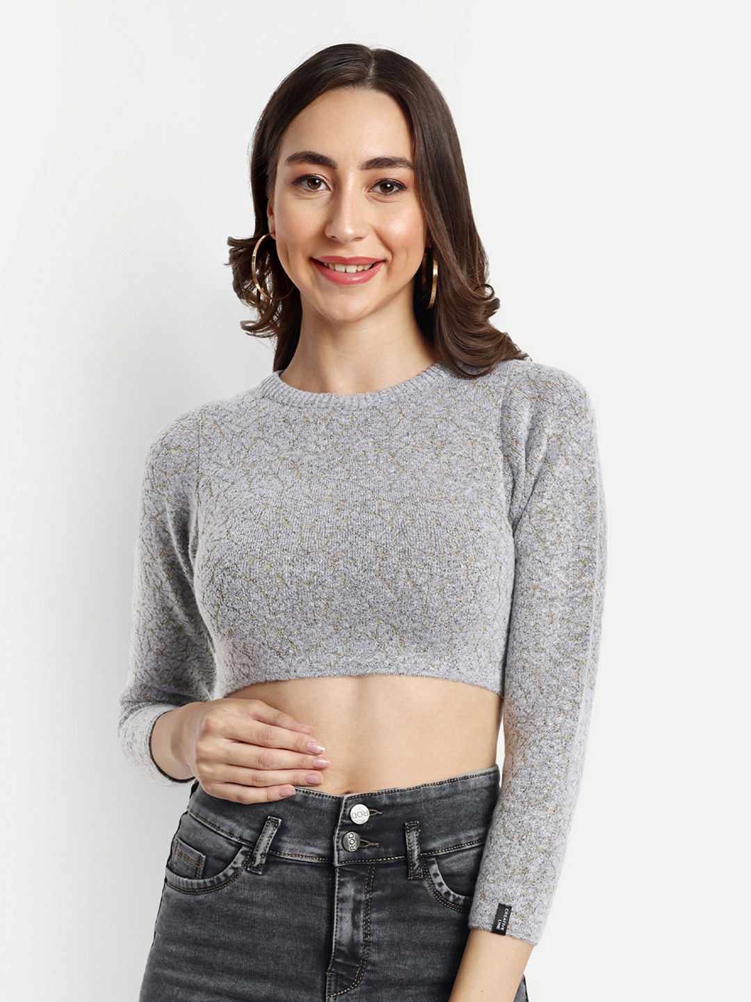 

CREATIVE LINE Self Design Woollen Crop Top, Grey