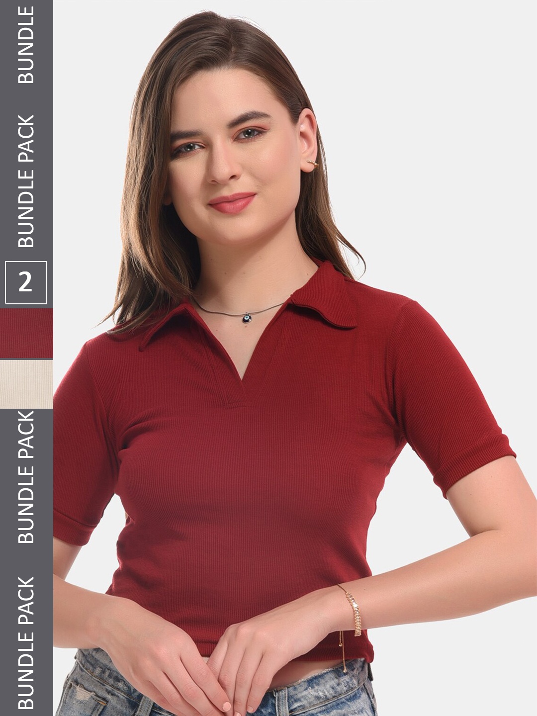 

Boleem Pack Of 2 Crop Cotton Tops, Maroon