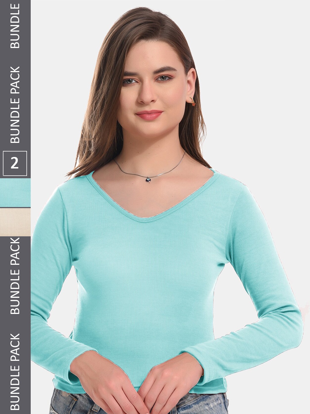 

Boleem Pack Of 2 Cotton Crop Fitted Top, Turquoise blue