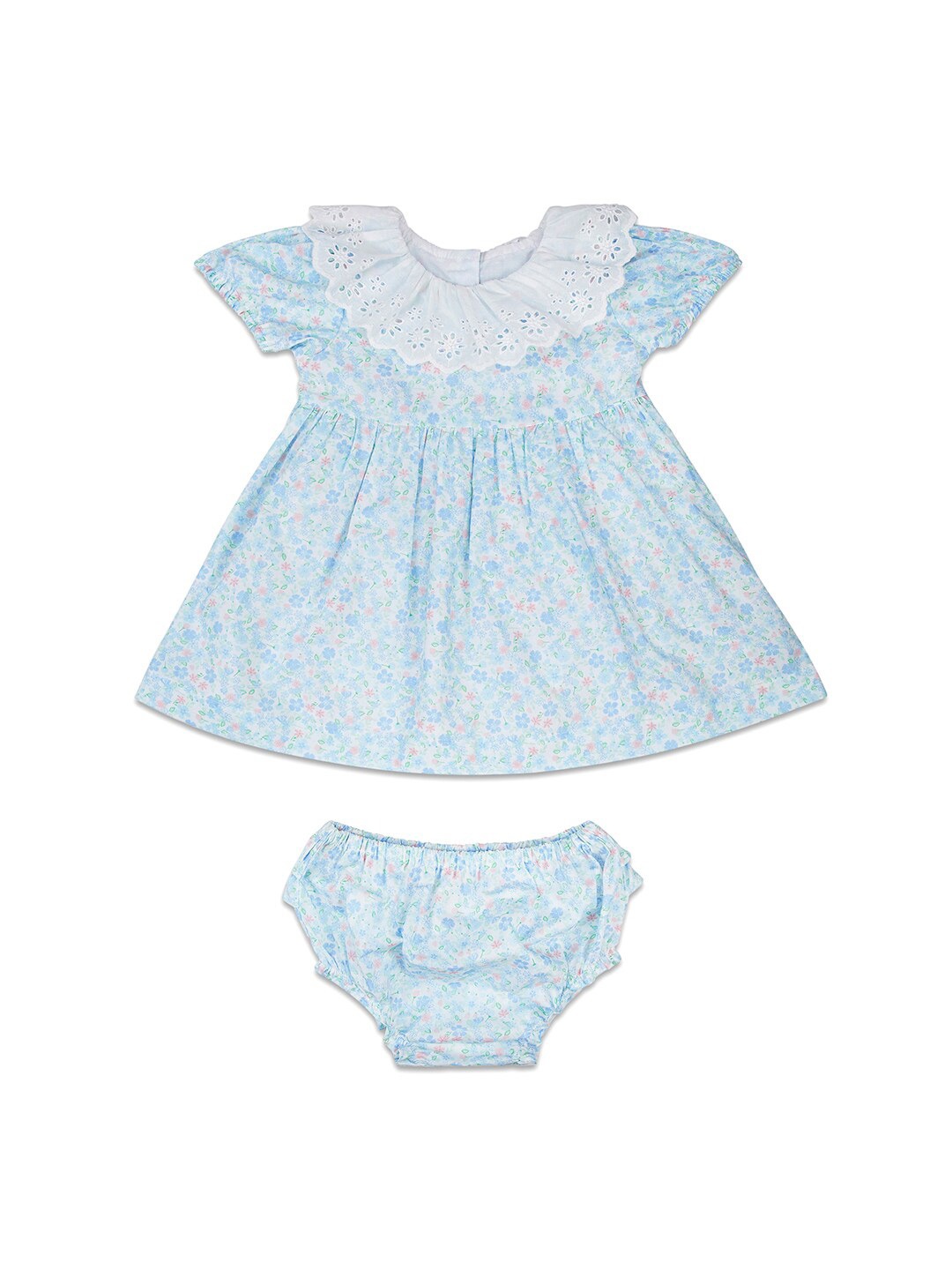 

haus & kinder Infant Girls Floral Printed Pure Cotton Fit & Flare Dress With Bloomer, Blue