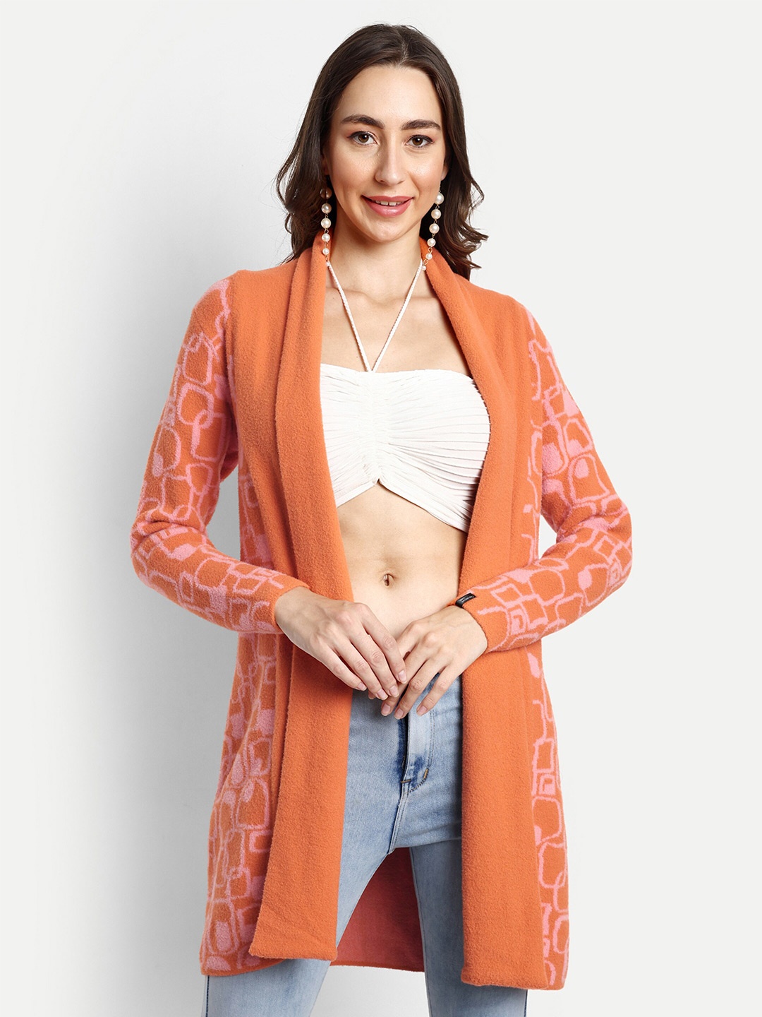 

CREATIVE LINE Women Knitted Longline Wool Shrug, Beige