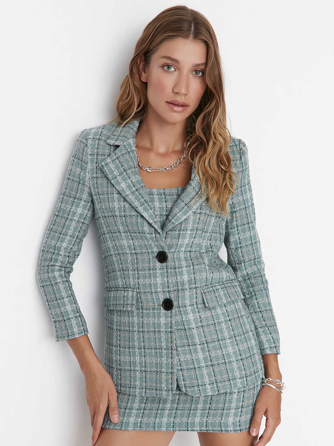 

WESTHOOD Checked Shoulder Strap Crop Top & Skirt With Blazer, Sea green