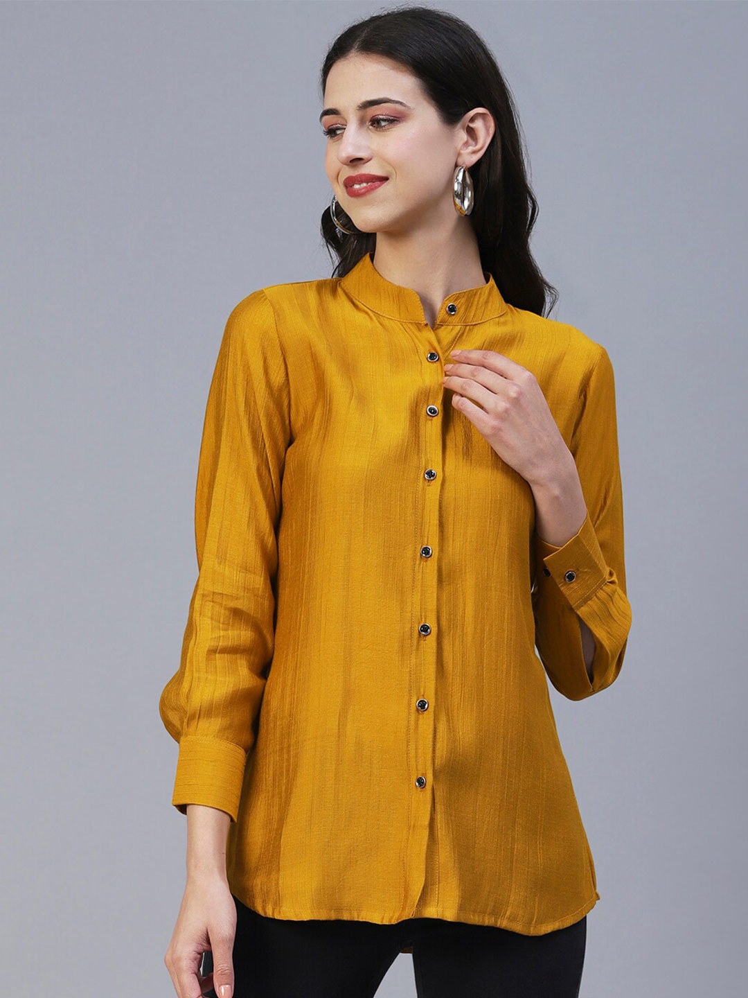 

18 ATTITUDE Mandarin Collar Semiformal Shirt, Mustard