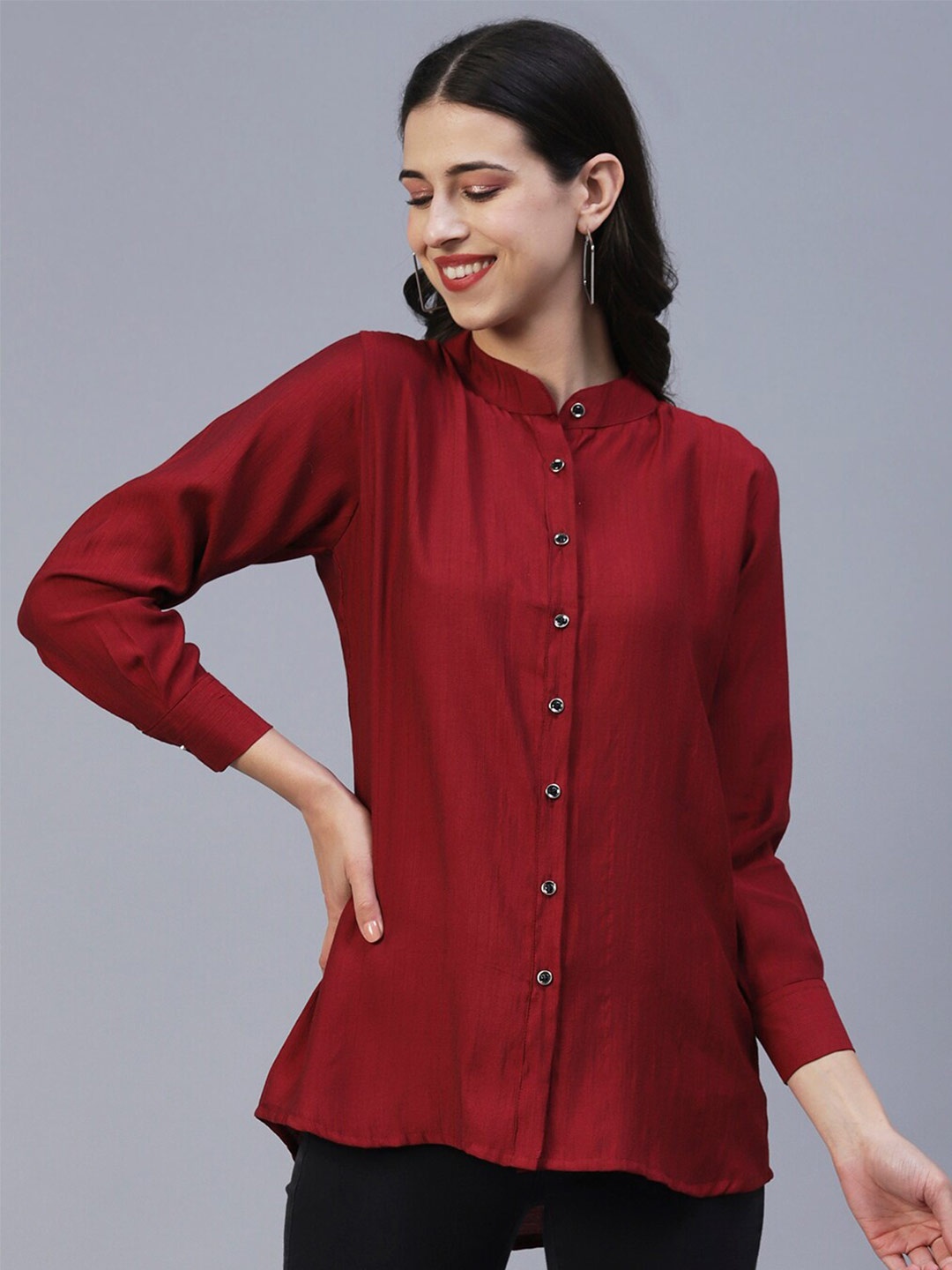 

18 ATTITUDE Mandarin Collar Semiformal Shirt, Maroon