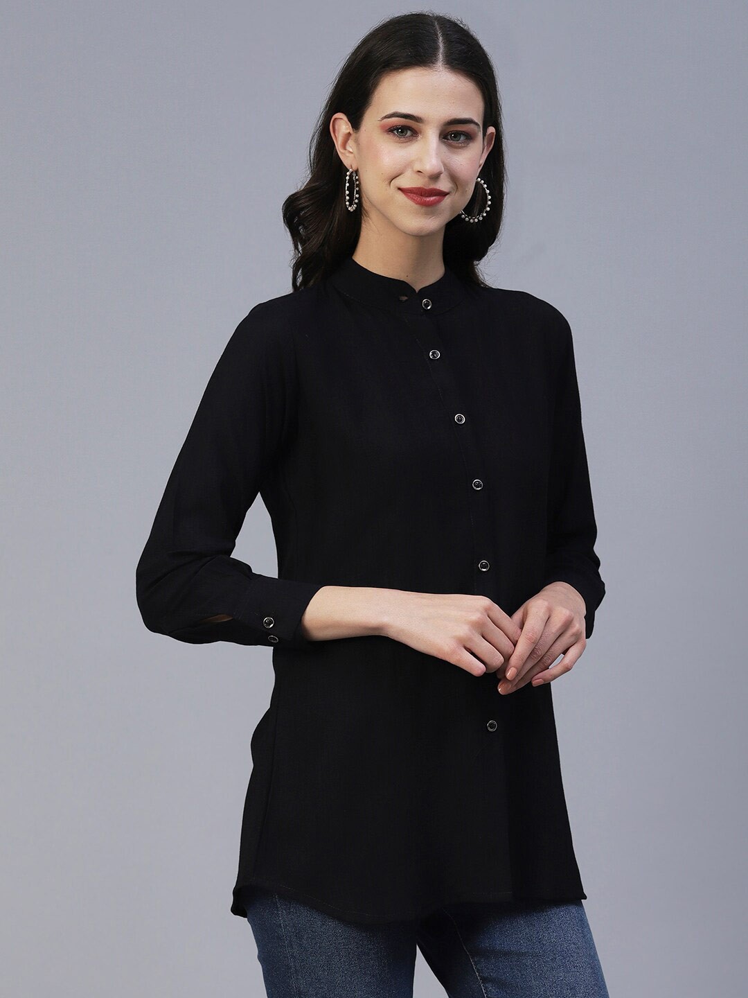

18 ATTITUDE Mandarin Collar Casual Shirt, Black