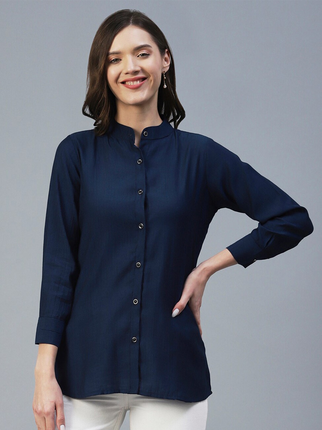 

18 ATTITUDE Mandarin Collar Casual Shirt, Blue