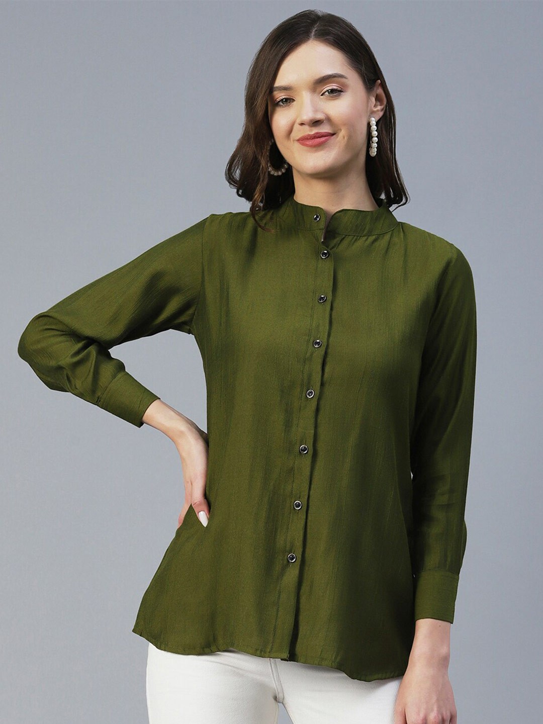 

18 ATTITUDE Mandarin Collar Semiformal Shirt, Olive