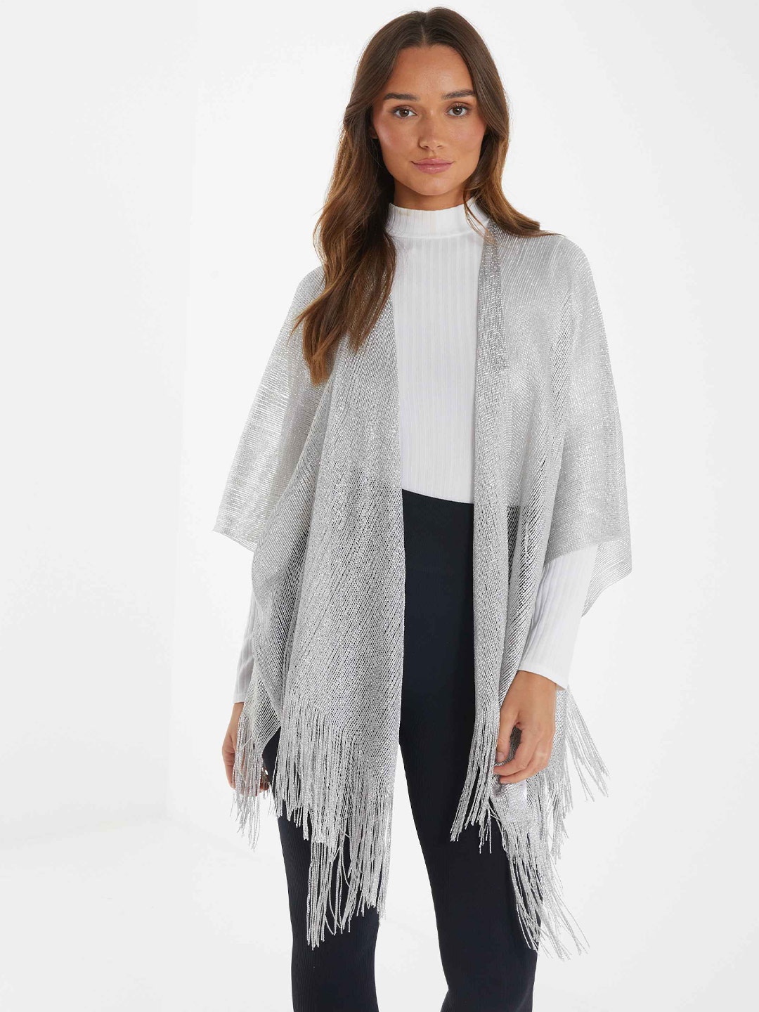 

QUIZ Self Design Open Front Longline Shrug, Silver