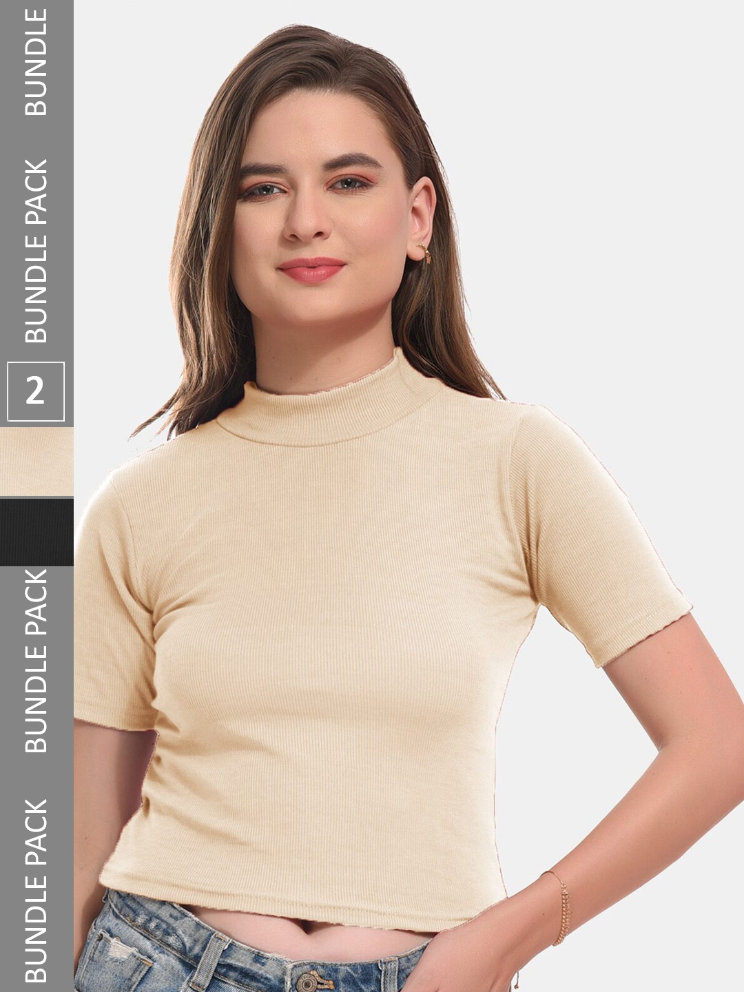 

Boleem Pack Of 2 High Neck Ribbed Fitted Cotton Tops, Cream