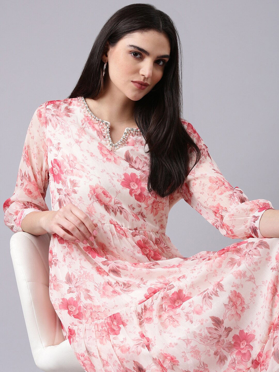 

SHOWOFF Floral Printed Chiffon Fit And Flare Midi Dress, Off white