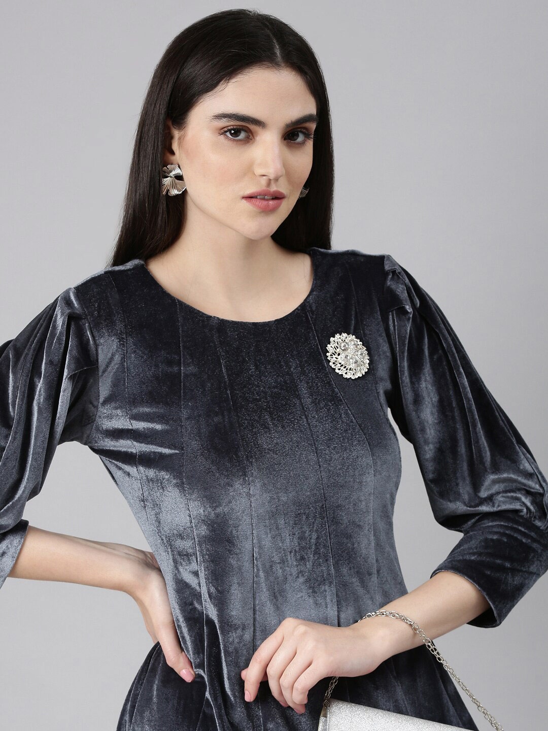 

SHOWOFF Cuffed Sleeves A-Line Dress, Grey