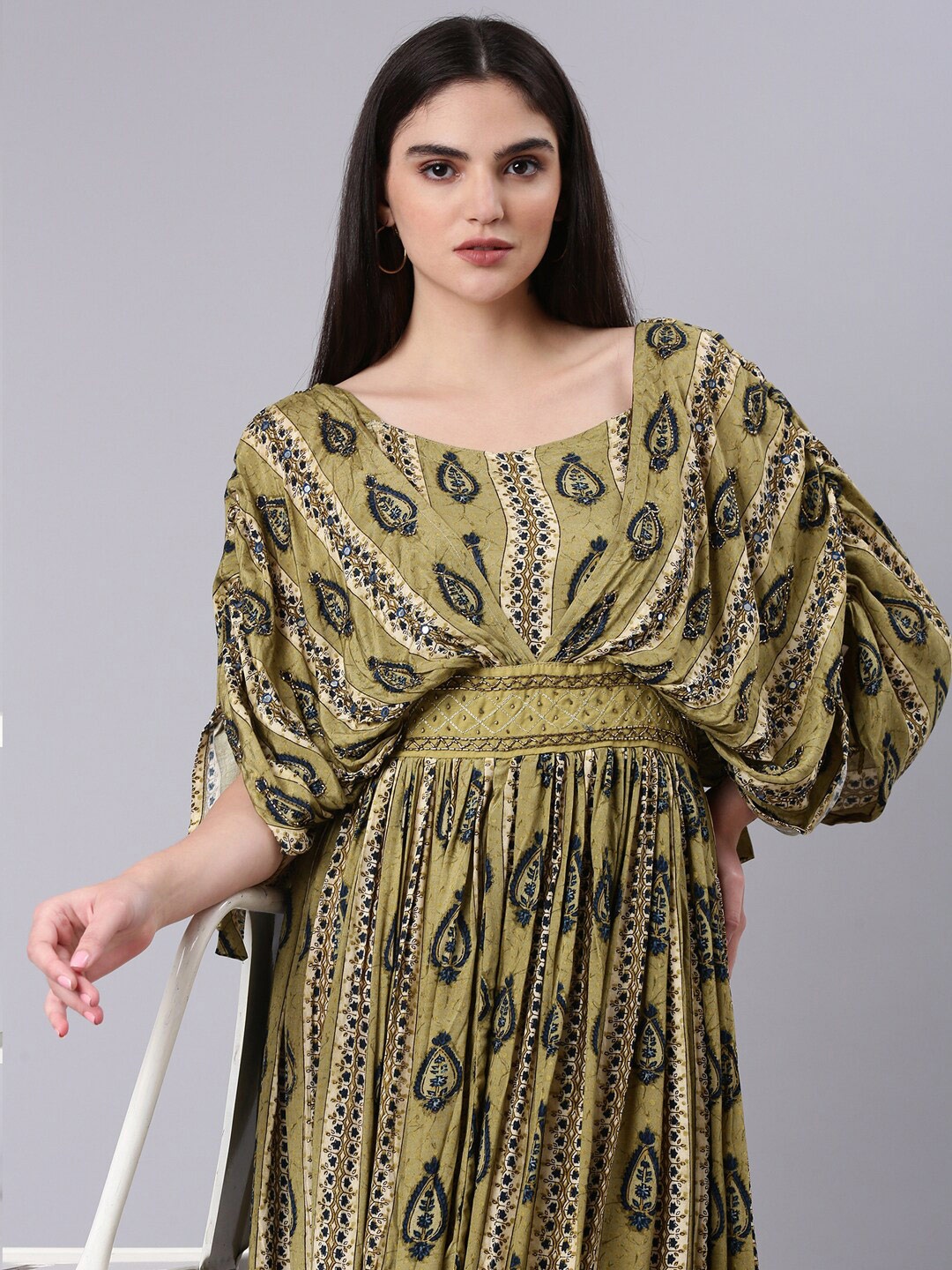 

SHOWOFF Ethnic Motifs Print Kimono Sleeve Kaftan Dress, Olive