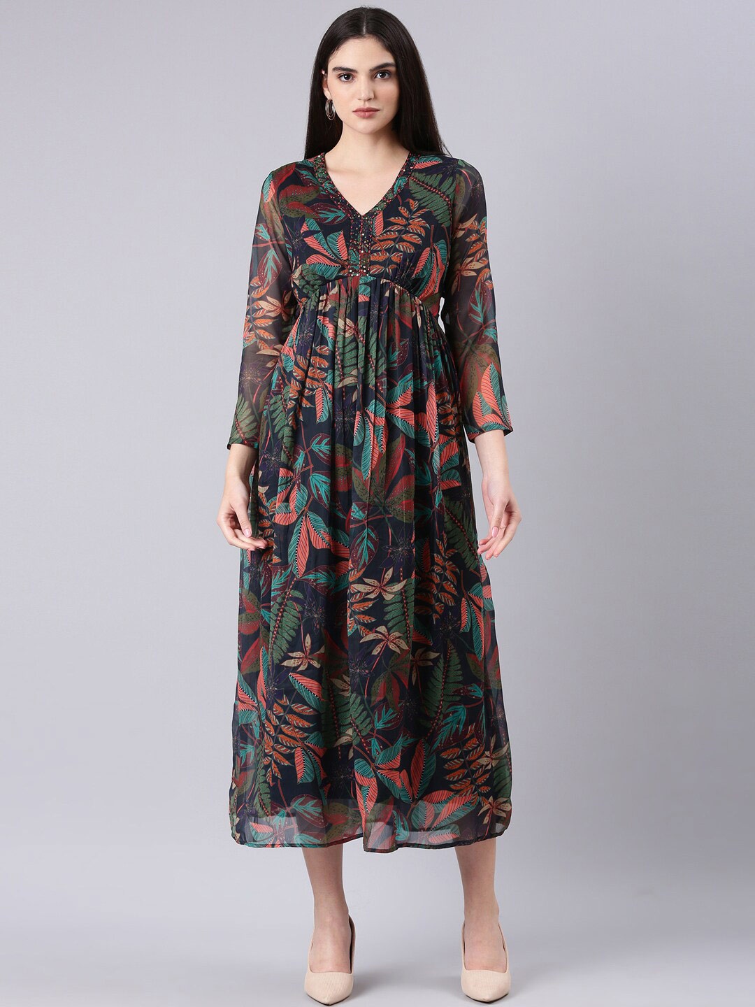 

SHOWOFF Tropical Printed Empire Midi Dress, Black