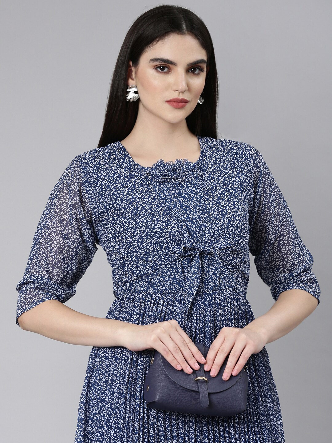 

SHOWOFF Floral Printed Georgette Fit & Flare Dress, Navy blue