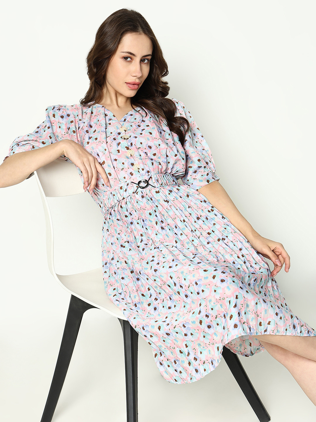 

SHOWOFF Floral Print Puff Sleeve Fit and Flare Dress, Pink
