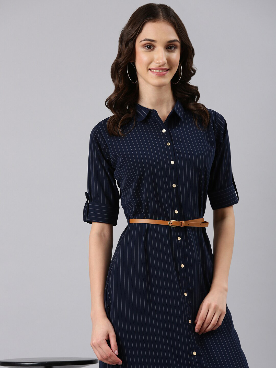 

SHOWOFF Striped Cotton Roll-Up Sleeves Shirt Midi Dress With Belted, Navy blue