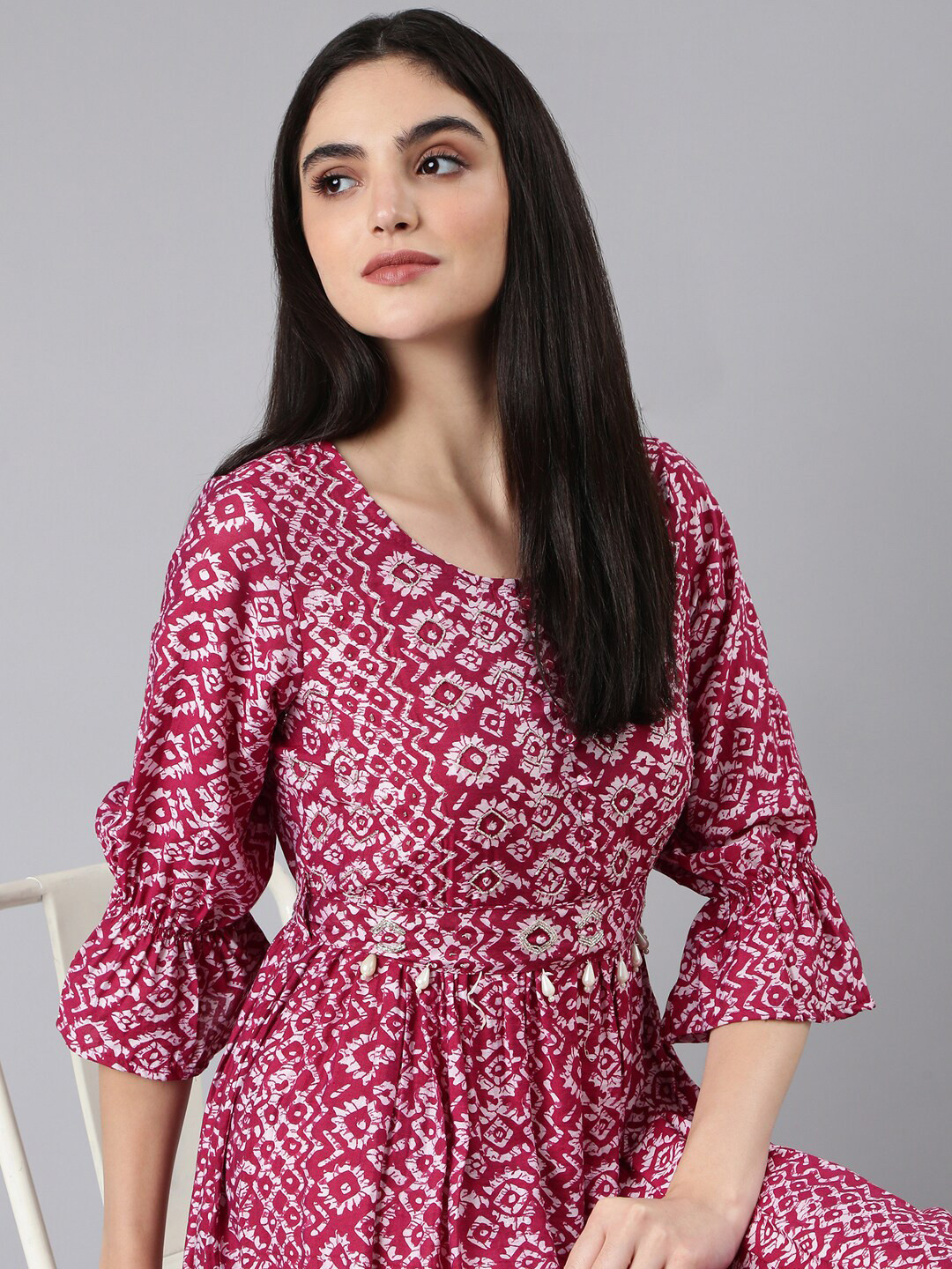 

SHOWOFF Ethnic Motifs Printed Bell Sleeve Fit & Flare Midi Dress, Fuchsia