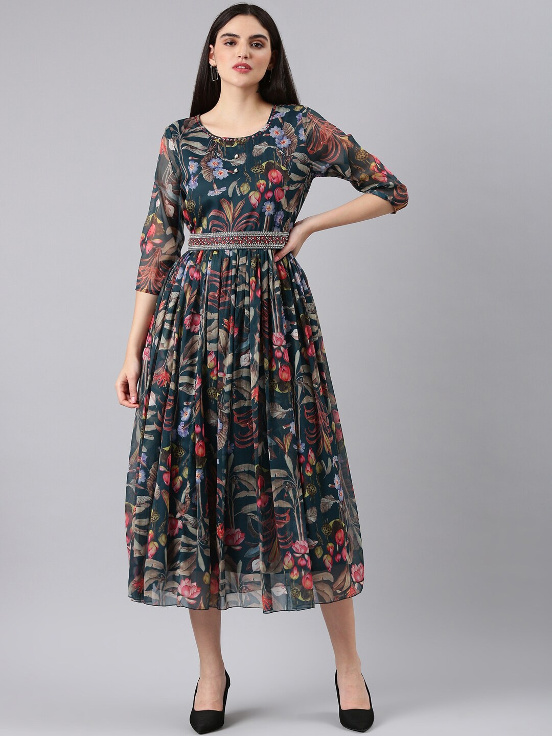 

SHOWOFF Floral Printed Embellished Cotton Fit & Flare Dress, Green
