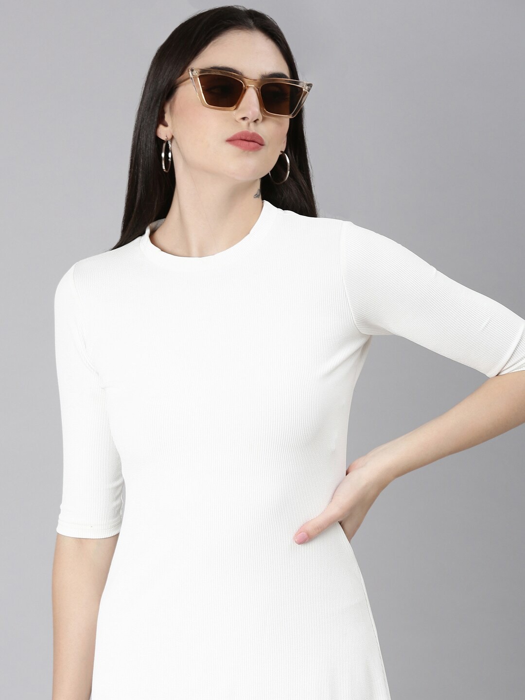 

SHOWOFF Round Neck A-Line Dress, White